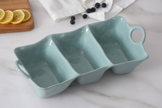 Light blue melamine dish with handles and three sections