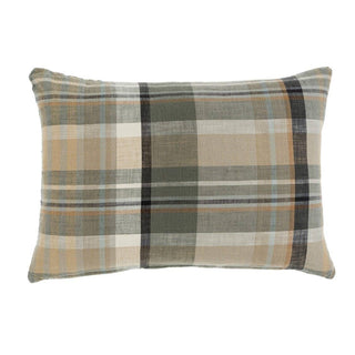Plaid pillow with brown, beige, and gray colors on a white background