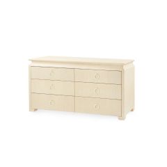 An extra large 6-drawer dresser with a natural twill finish and curved chow-style feet in a light ivory color