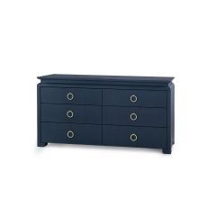 An extra large 6-drawer dresser in storm blue with curved chow-style feet and polished brass pulls.