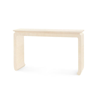 A natural Asian-styled console table with clear lacquered grasscloth and curved chow feet.