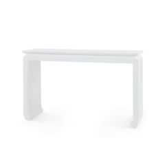 A white Elina Console table with hand-wrapped lacquered grasscloth and curved chow feet gives the Asian alter table a modern update