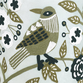 Decorative fabric pattern with a bird, flowers, and leaves on a light blue background