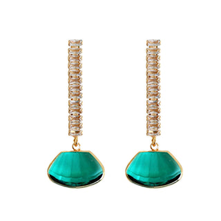 A pair of emerald green faux gemstone earrings with gold-tone metal clasps and interlocking rhinestone details.