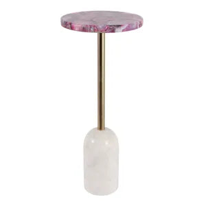 A modern side table featuring a round pink and purple marbled top, a slim gold metal stem, and a cylindrical white marble base, shown against a plain white background.