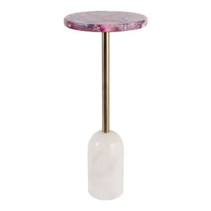 A modern side table featuring a round pink and purple marbled top, a slim gold metal stem, and a cylindrical white marble base, shown against a plain white background.