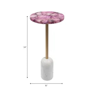 A side table with a round pink and purple agate stone top, a slim gold metal stem, and a white marble cylindrical base, shown with dimension lines indicating 24 inches tall and 10 inches wide on a white background.