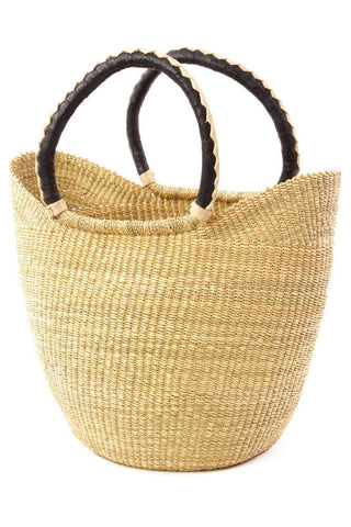 Woven basket handbag  with black handles 