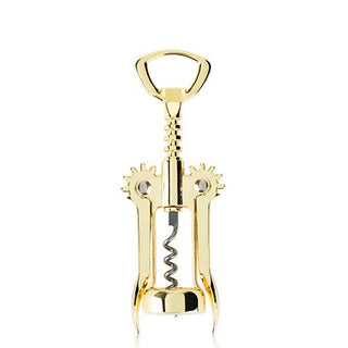 A gold-plated winged corkscrew and bottle opener with a polished finish.