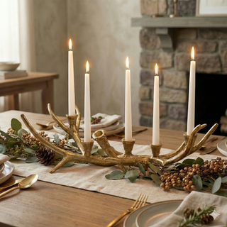 A rustic gold antler candelabra centerpiece holding five lit white taper candles, styled on a wooden dining table with eucalyptus, berries, pinecones, and place settings in a warm indoor setting.