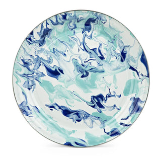 Round tray with blue and green marbled pattern on a white background. Oven & Stovetop Safe. Dishwasher Safe.