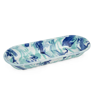 Marbled enamel blue and green bread basket on a white background.  