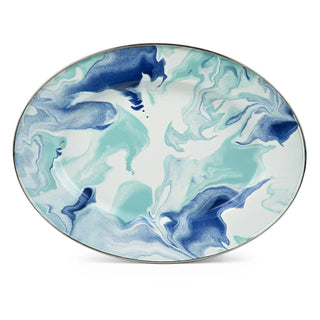 Marbled enamel plate with blue and green patterns on a white background. Oven & Stovetop Safe. Dishwasher Safe.