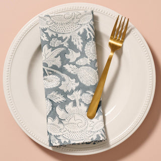White and gray floral-patterned block print napkin 