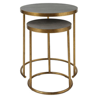 Two-tiered side table with gold metal frame and gray shagreen top