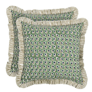 Green Ruffled Block Print Pillow