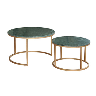 Two round marble coffee tables with gold metal bases on a white background