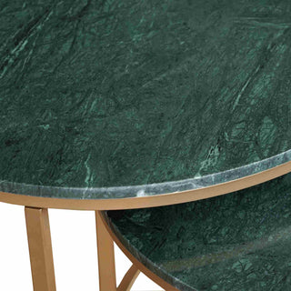 Green marble table with gold metal legs on a white background
