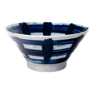 Ceramic bowl with blue and white abstract design for ramen, soup or cereal