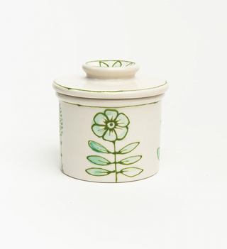 Green white hand-painted ceramic butter crock