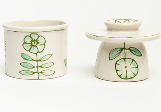 Ceramic French butter crock is a hand-painted item. Each one will be unique.