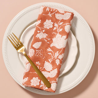 Orange and ivory Floral-patterned block print napkin 