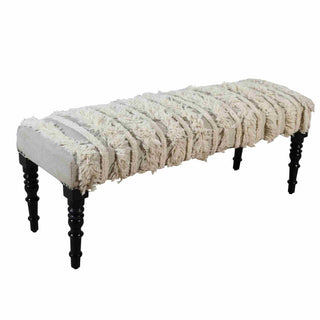 Decorative bench with textured white cushion and dark wooden legs on a white background