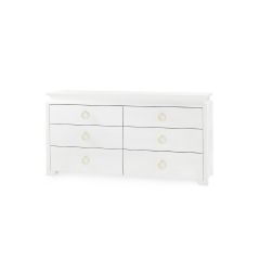 An extra large 6-drawer dresser with a vanilla white finish and curved Asian chow-style feet.