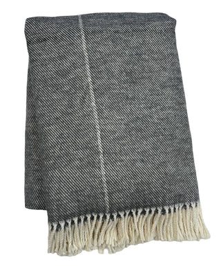 Gray and white plaid blanket with fringed edge on a white background