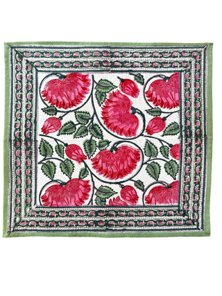 Decorative block print napkin with pink and green floral design