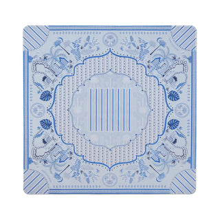 A square decorative mat featuring a blue and white ornate pattern with floral motifs, geometric borders, and a central striped design, shown on a plain white background.