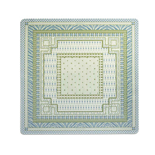 A square decorative plate with an intricate geometric and floral border pattern in shades of light blue, sage green, and cream.