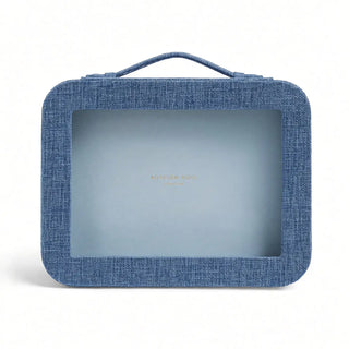 A rectangular blue textured fabric case with rounded corners, a top handle, and a large clear window on the front. The brand name 'ADDITION ROSE' is printed in small gold letters inside the window.