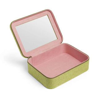 An open rectangular jewelry box with a light olive green textured exterior, a pink velvet interior, and a mirror on the inside of the lid, shown on a white background.
