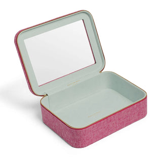 An open rectangular jewelry box with a textured pink exterior, a pale mint green interior, and a clear mirror on the inside of the lid, shown on a white background.