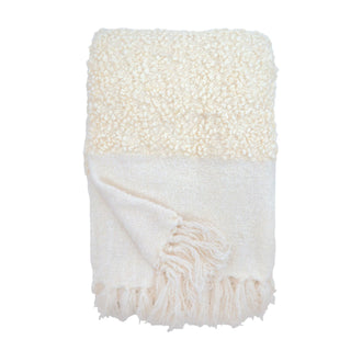 White textured throw blanket with fringes on a white background
