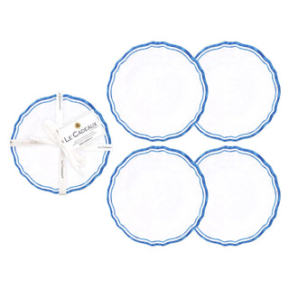Set of four round blue rimmed melamine outdoor appetizer plates