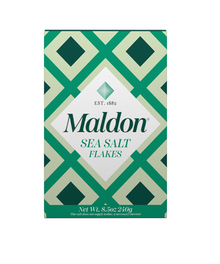 A box of Maldon Sea Salt Flakes known for its crunchy texture