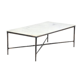 A rectangular coffee table featuring a white marble top with subtle gray veining and a distressed dark metal frame.