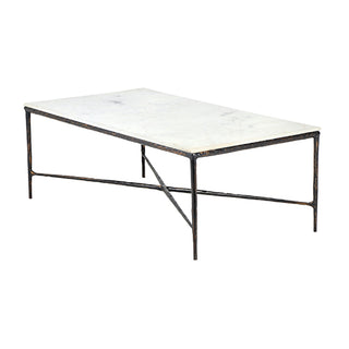 A rectangular coffee table with a white marble top and a distressed black metal frame, shown against a plain white background.