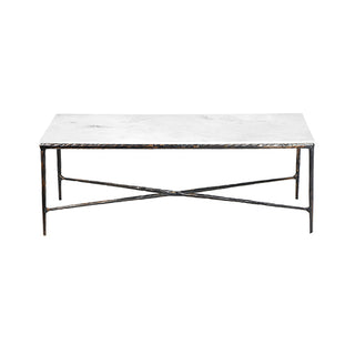 A rectangular coffee table with a white marble top and a dark metal frame featuring twisted side legs and an X-shaped base.