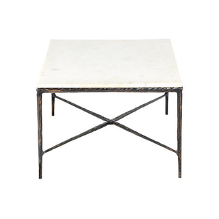 A square side table with a white marble top and a distressed black metal frame featuring an X-shaped base.