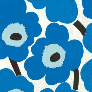 Marimekko pattern of blue flowers with black centers on a white background