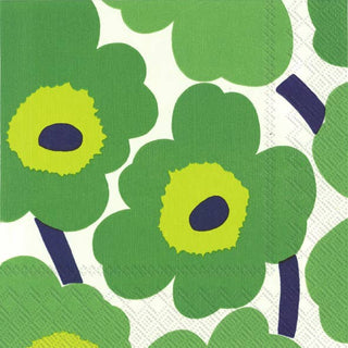 Green Marimekko floral patterned paper napkins with yellow centers and blue stems on a white background.