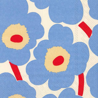 Pattern of light blue flowers with red centers and stems on a beige background