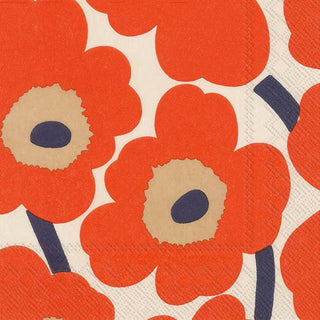 Napkin with orange flowers and blue centers on a beige background