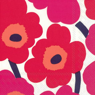 Marimekko napkin with red and pink floral pattern on a white background