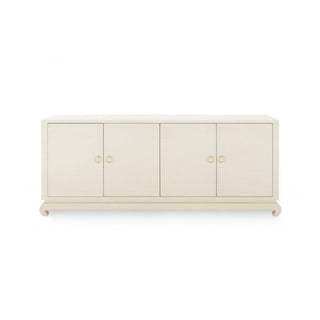 An extra-large 4-door cabinet with clear lacquered grasscloth upholstery in a canvas cream color, featuring gold-finish ring pulls and Asian Chow-style feet.