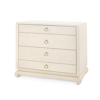 A Ming Large 4-Drawer chest in Canvas Cream with brass ring pulls and grasscloth detailing.