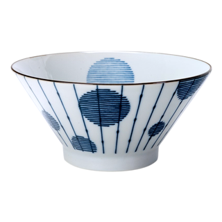 White ceramic bowl with modern blue patterns for ramen, soup or cereal